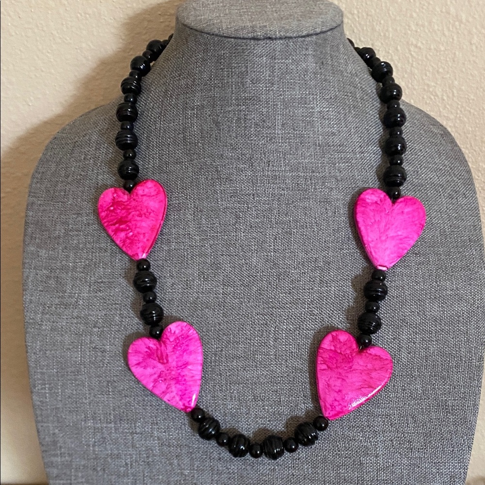Vibrant Pink Heart Necklace with Black Accents